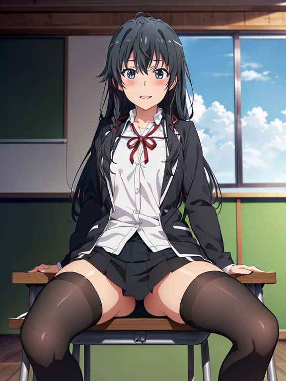 ((masutepiece, Best Quality, hight resolution, nffsw, Perfect Pixel, depth of fields, 4K, 1girl in, Solo, , Beautiful anime girl, Beautiful Art Style,
sitting on table:1.3, show feet:1.5, sky from below:1.5, full body:1.5, classroom background, Looking at viewer.
Perfect body, happy, show teeth, show feet:1.5, spread legs,
yukinoshita yukino, large breasts, Full face blush, black stockings, Plaited skirt, white shirt, black jacket,
straight on:1.3, medium shot
