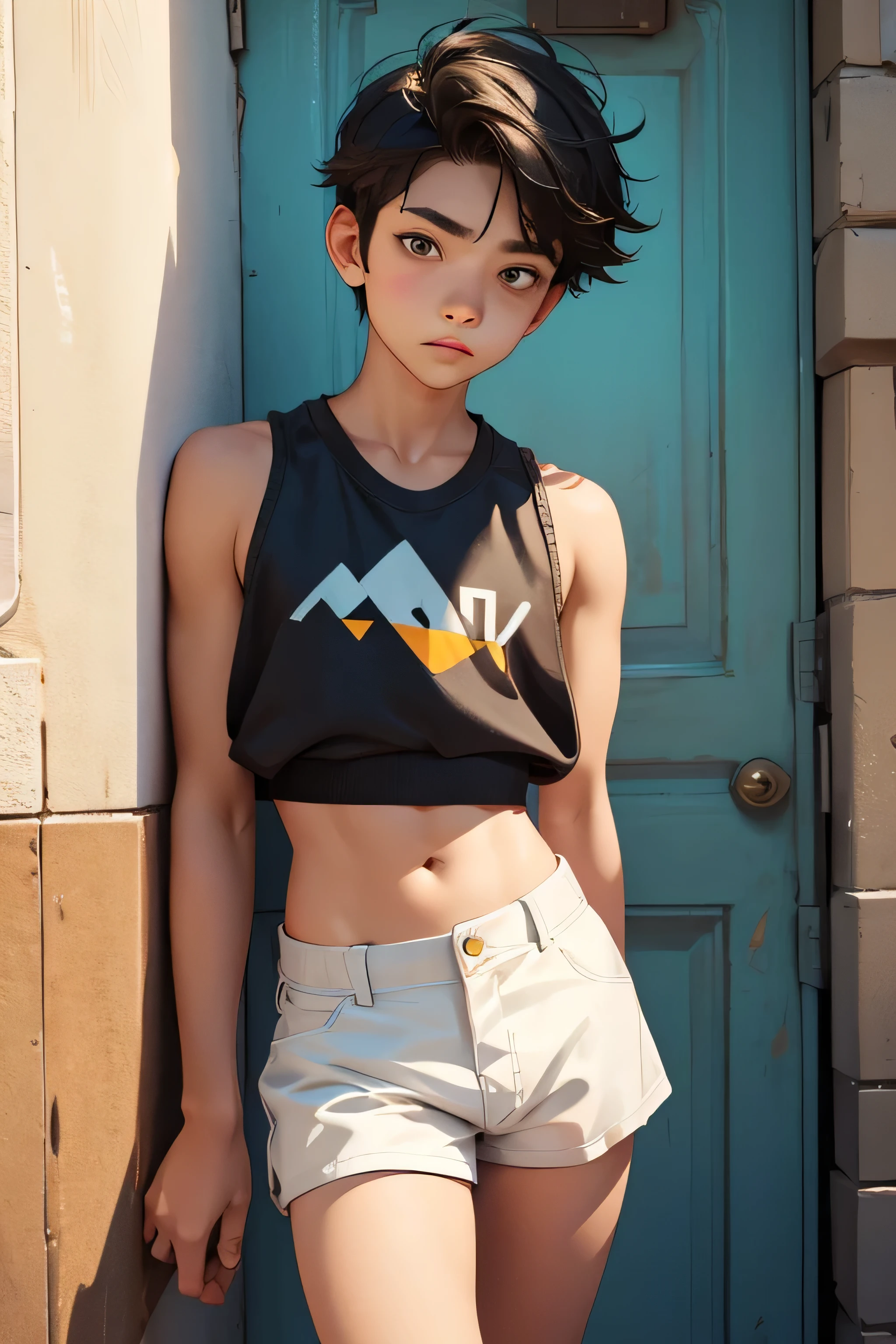 Teen boy 16 years old, beautiful boy is wearing a cropped shirt and too very much short mini shorts, the boy's legs are beautiful, tanned, bangs, flirty posing, hot summer, top quality,