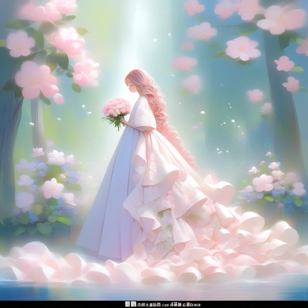 One girl, alone,white、pink、 length_hair, length_sleeve, dress, Holding, Are standing, Closed_eye, flower, Artist_name, signature, from_~ side, English_article, wood, profile, animal, watermark, Wavy_hair, flower柄_printing,  plant, , nature, web_address, forest, curly_hair, パステルカラーdress, ブドウのwood