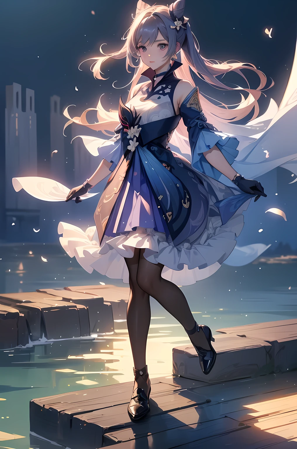[keqingdef]:1.5,((masterpiece,highest quality,Highly detailed images,Beautiful images))1.4(keqing images、Cities with waterways、Beautiful waterways、The wind is blowing、Overall dim lighting、Backlight、A fantastic atmosphere、Thick Fog、Dust flutters)1.3,(Full body image)1.1
