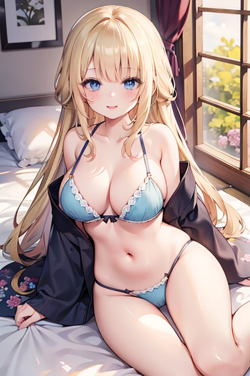 masterpiece, highest quality, High resolution,  girl、smile、blue eyes、
blonde,  Braiding、Long Hair、White bra、Japanese-style room、futon、Sleep on your back、Stand on one leg