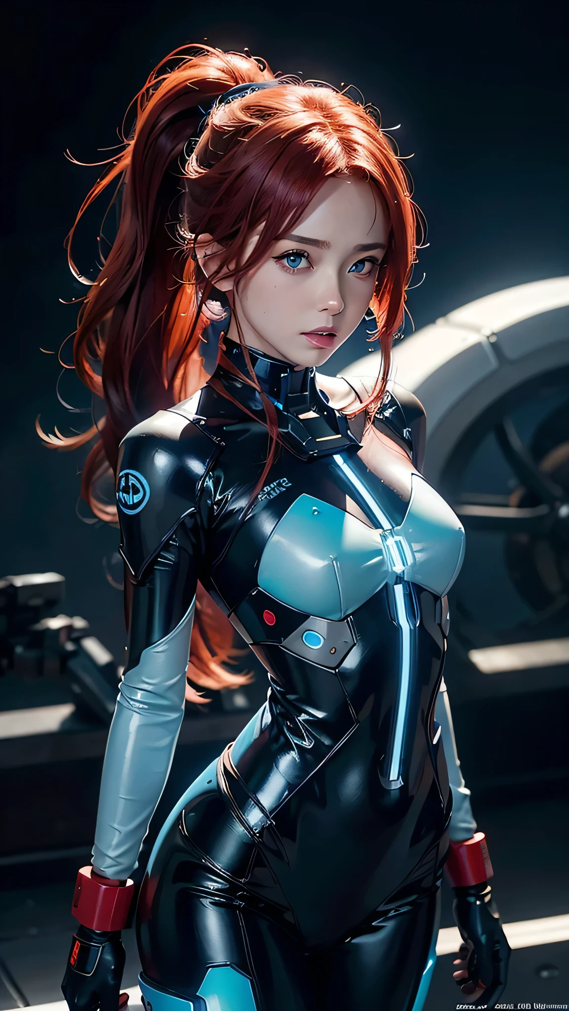 realistic anime screencap, close up, a beautiful goddess, modeling her new cybernetic plugsuit, shiny skin, visible midriff, exposed thong-straps, ruby red hair, cerulean blue eyes | 8k textures, UHD, bokeh, dark color palette, yoji shinkawa artstyle