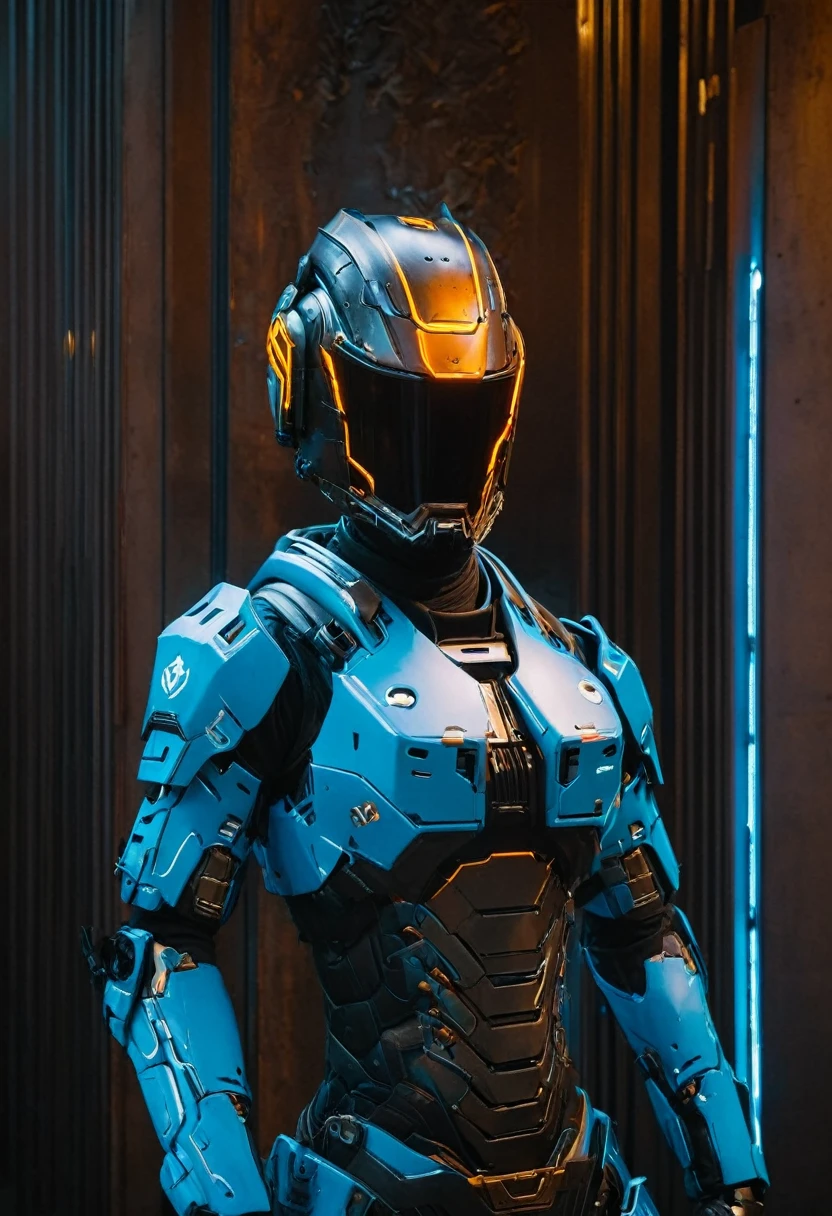 a close up of a robot in a building with a helmet on, cyberpunk flame suit, cyberpunk armor, cyberpunk suit, sci - fi suit, intricate cyberpunk armor, cybernetic fire armor, apex legends armor, cyber suit, cybernetic flame armor, clothed in sci-fi military armor, warrior in sci-fi armour, sci - fi armor