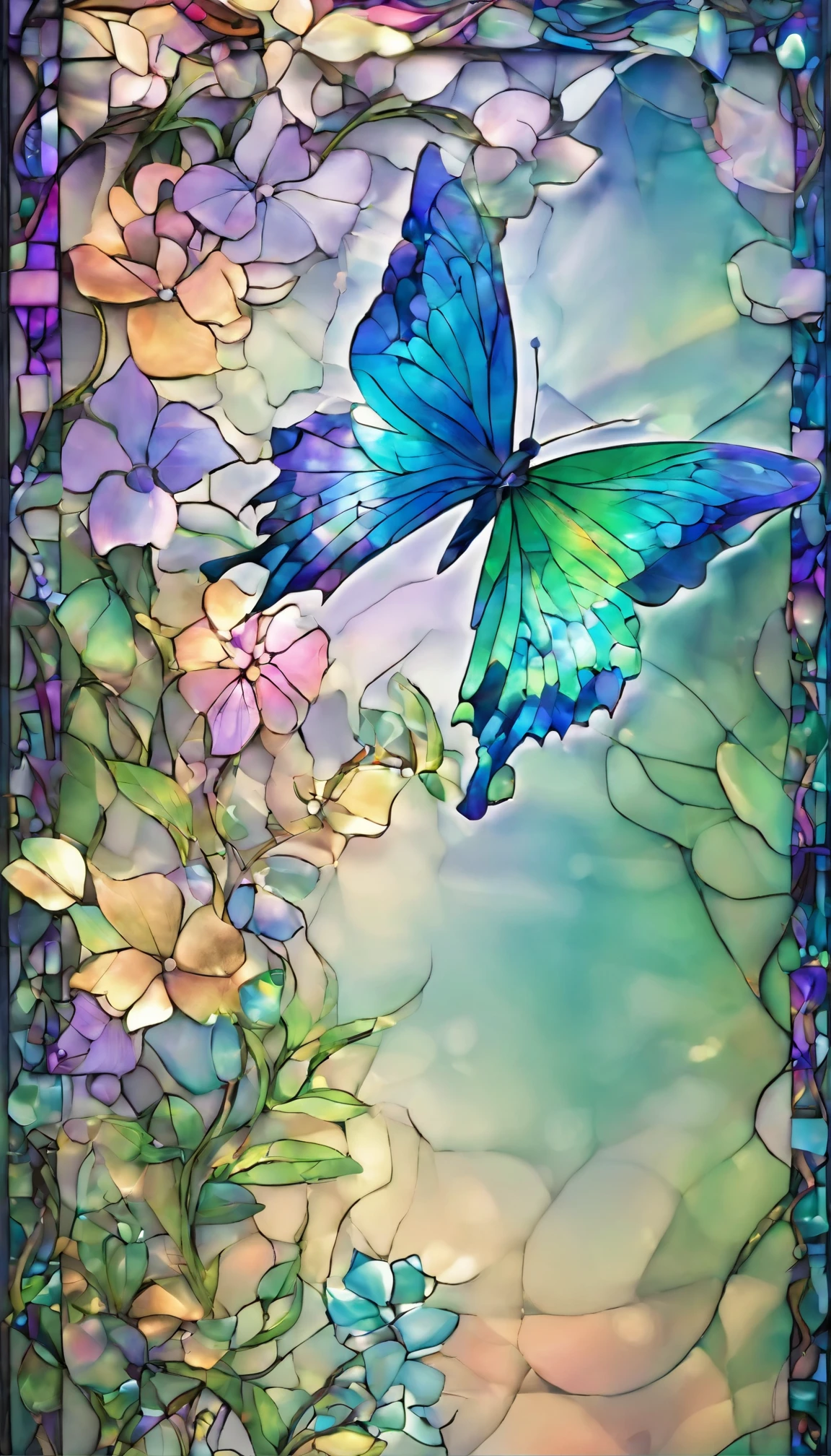 The background is greenblue,All expressed with jewels, the arrival of spring, various beautiful wisteria flowers,Swallowtail butterfly,
, angles looking up from below, various jewels falling from the sky, wonderful and beautiful superb view, slightly hazy, fantastic, high resolution, 8K, (best quality, highres, realistic:1.37), shiny metallic flowers, intricate and delicate petals, reflective surfaces, vibrant colors, intricate details, close-up view, surreal garden, surreal beauty, dreamy atmosphere, fine art, abstract botanicals, metallic sculpture, contrasting textures, ethereal glow