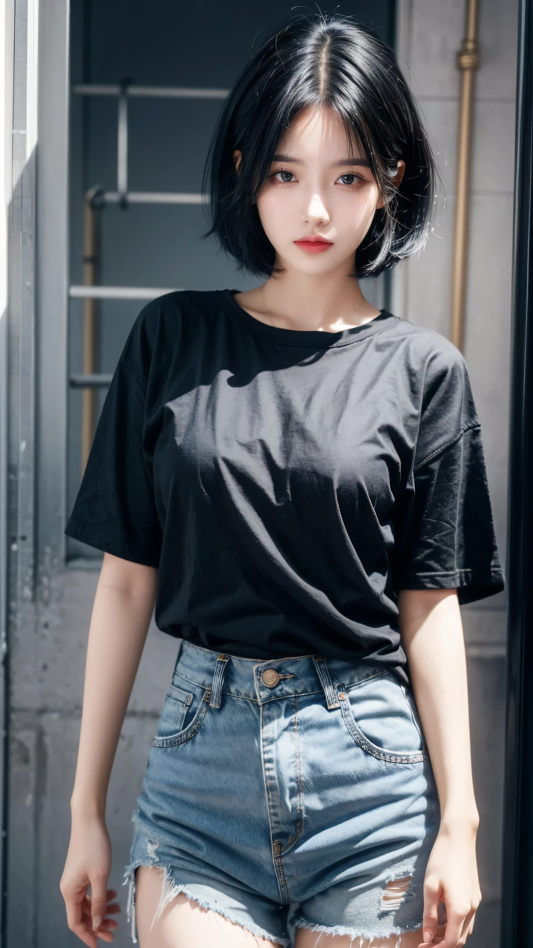 best quality, 1 Girl, dark blue hair, black eyes, Very short hair, Spiky hair, oversize t-shirt, High waist short jeans, 171 cm, Messy hair, Hair between the eyes, Medium breasts, full, Tomboy, aldult, 20 years old, 1 Girl