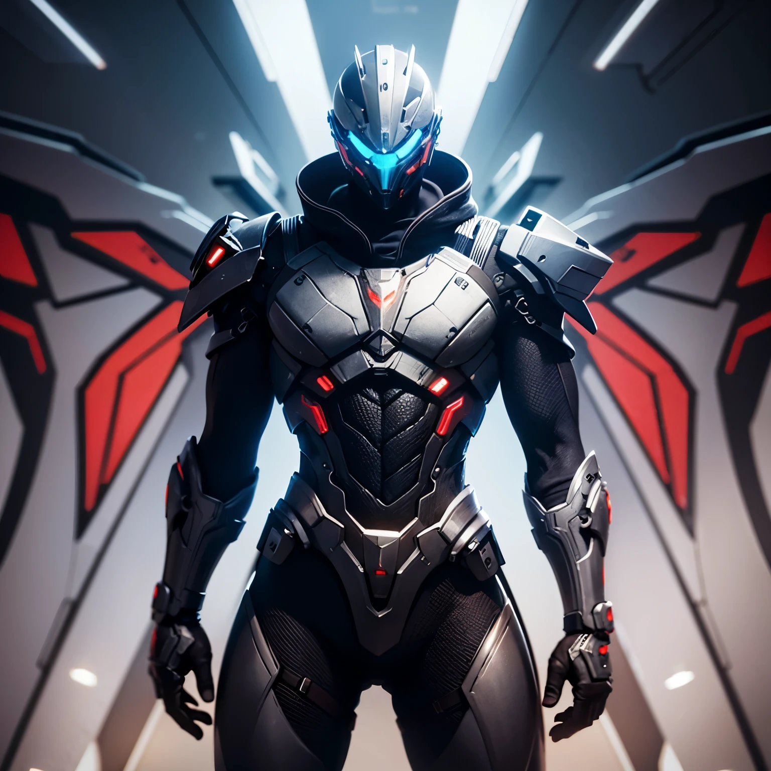 wearing a mechanical suit, Mechanical wonder, Cyberpunk, Cybernetic Guardian, futuristic armor, full body, front pose, symmetry, intricate (steel metal [rust]), joints, warframe style, cyborg, male body and armor, Chainsaw Man  