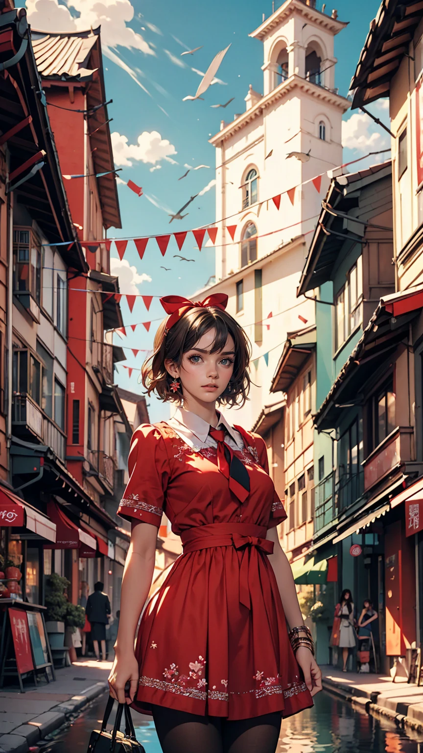 One girl,前hair,black_hair,green_null,bridge,building,city,city,cityscape,cloud,Day,dress,Looking_in_Audience,Outdoor,red_Neckwear,red_ribbon,ribbon,river,short_hair,short_sleeve,null,nullscraper,一人in,Are standing,town,winer,(masterpiece,anime,newest,new,Exceptional:1.2),