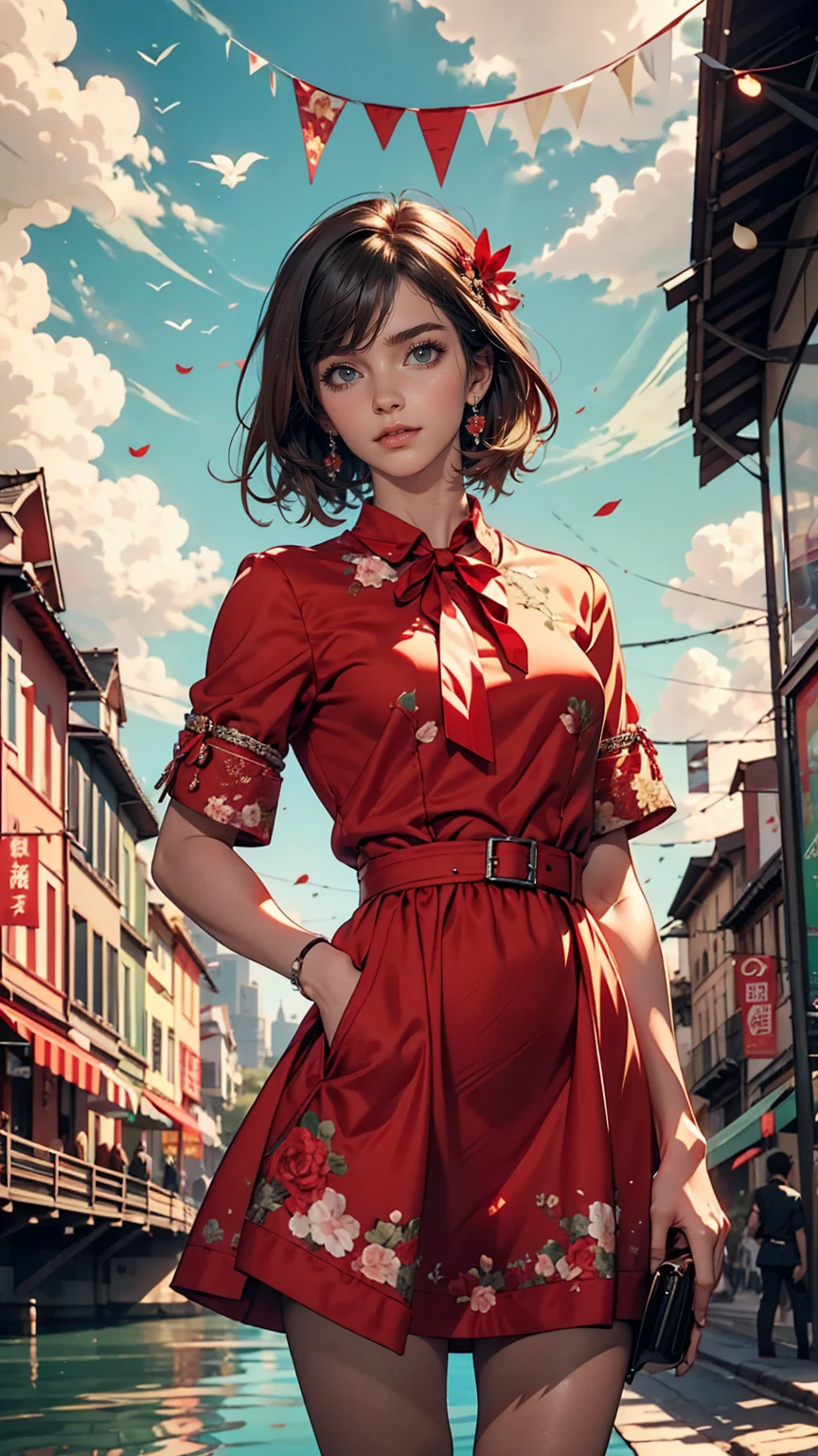 One girl,前hair,black_hair,green_null,bridge,building,city,city,cityscape,cloud,Day,dress,Looking_in_Audience,Outdoor,red_Neckwear,red_ribbon,ribbon,river,short_hair,short_sleeve,null,nullscraper,一人in,Are standing,town,winer,(masterpiece,anime,newest,new,Exceptional:1.2),