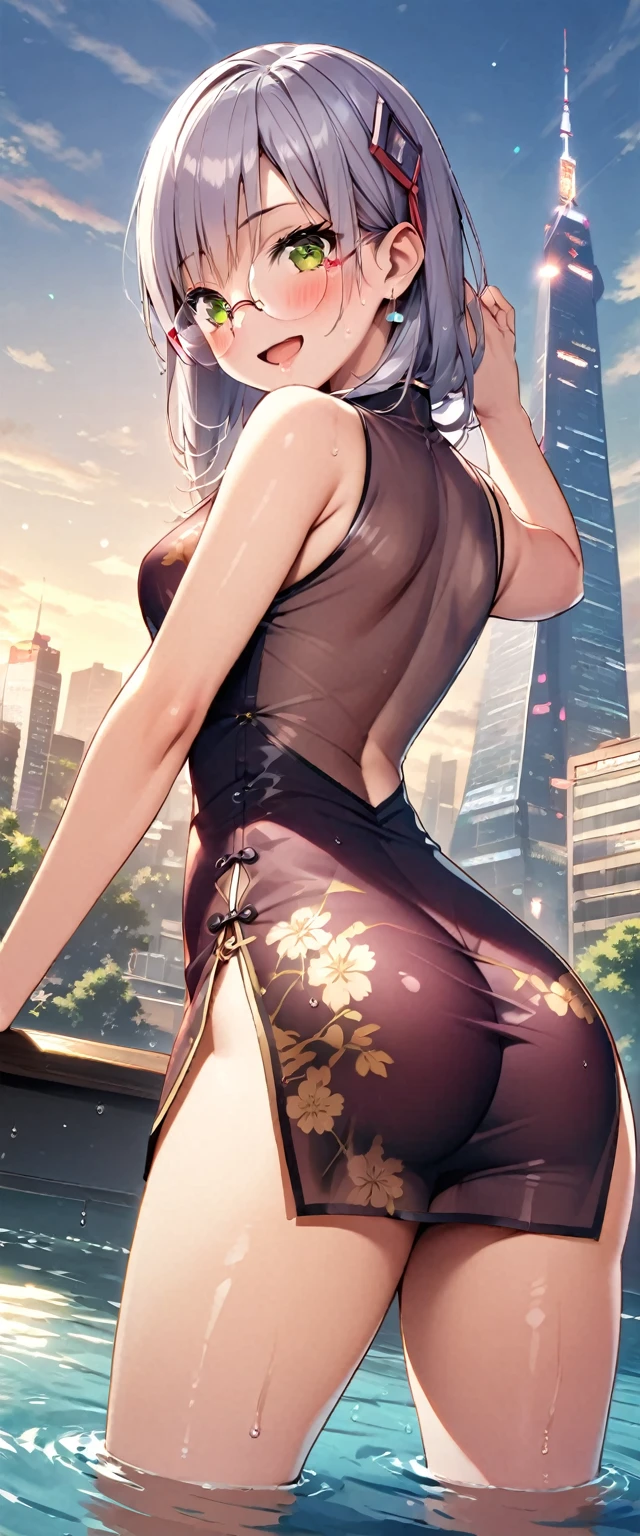 woman,20-year-old,city,(((See-through rubber Chinese dress))),,open mouth smile(()),blush、,((turn around and look back))(wet with water)Reflecting the buttocks,glasses