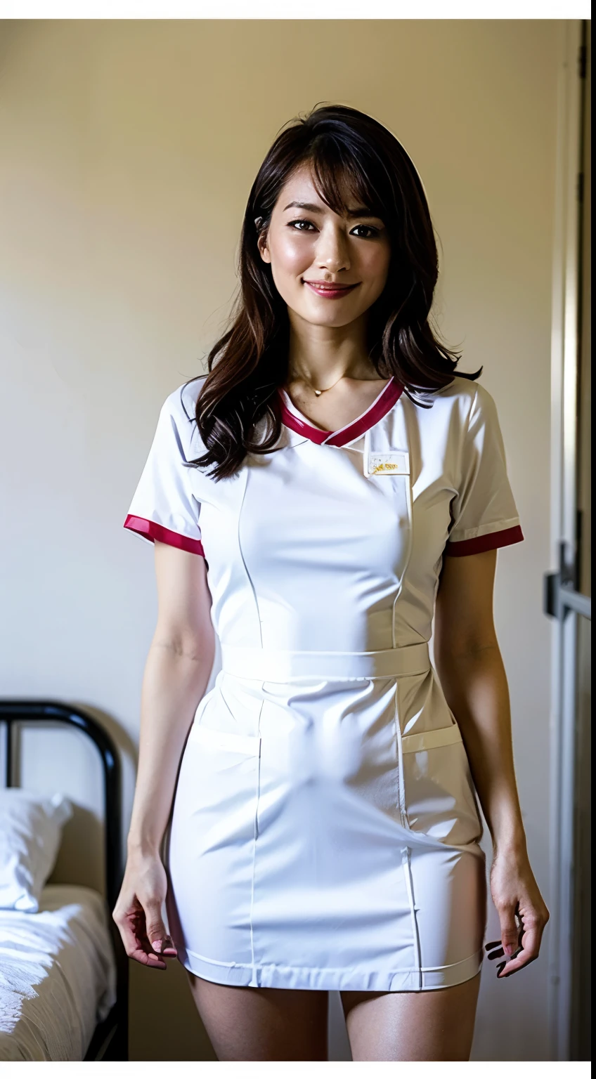 (1 The Ultimate Beautiful Mature Nurse) 、 Super accurate face 、 Detail Lip 、 Details 、 double eyelid 、 ((Dark Short Style)) 、 (Nurse uniform: 1.3) 、 (Fancy figures) 、 smile 、 Upper Leg, Perfect fit, Perfect Image Realism, background: (Hospital room: 1.2) Cowboy gets shot, Detail background, Details Clothing, Perfect lighting 、 Surrealist 、 (photograph: 1.4) 、 Maximum resolution 8K, (luxury) Very detailed, Professional