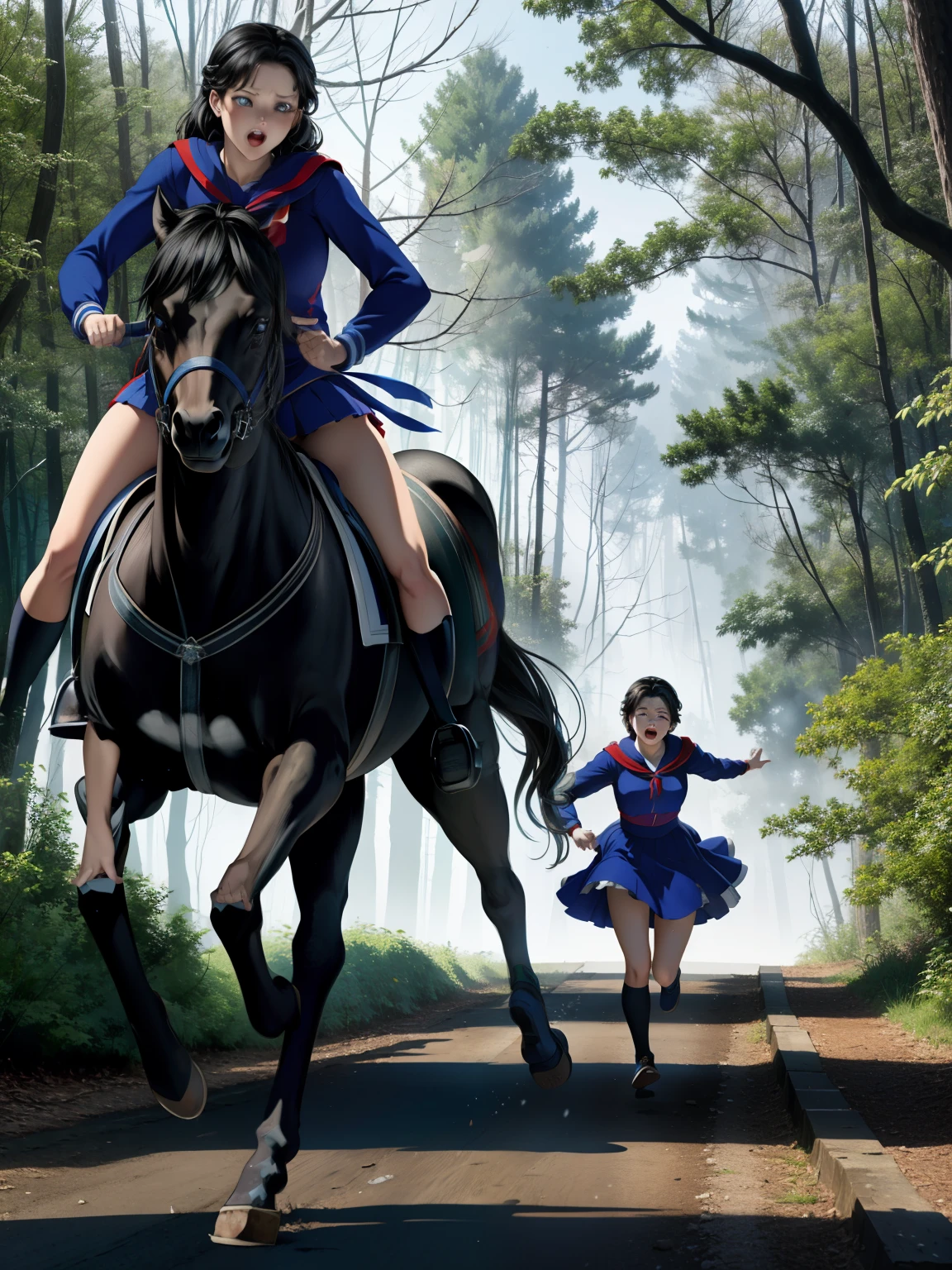 Snow White comes running from the depths of the forest、galloping through the forest、run as if running away、A face full of fear、With a screaming face、Sweating profusely、Rutted forest road、The character descriptions are small, Prioritize forest size.