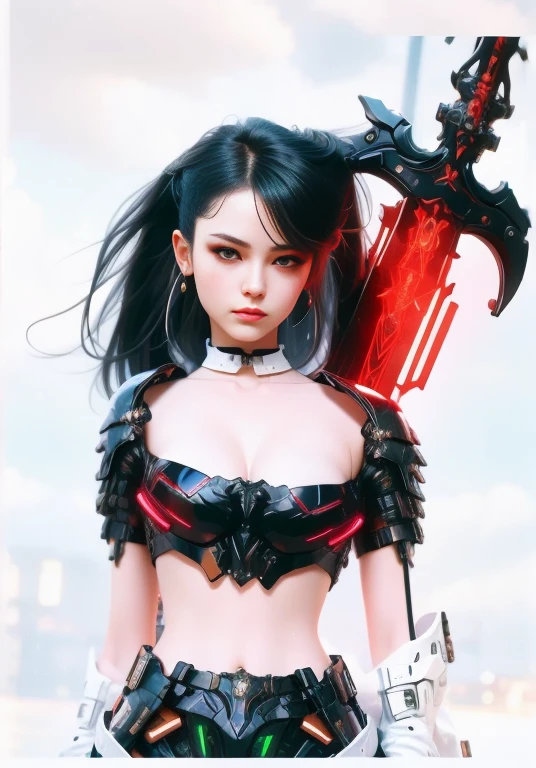 (masterpiece, best quality:1.2), a subject, A beauriful girl with techno fantasy style armour and sword, (technological aggressive design), cyberpunk, 4K, UHD, (Photorealistic:1.4),Ultra high resolution, masterpiece, ultra realistic, ultra nitide, insane details
