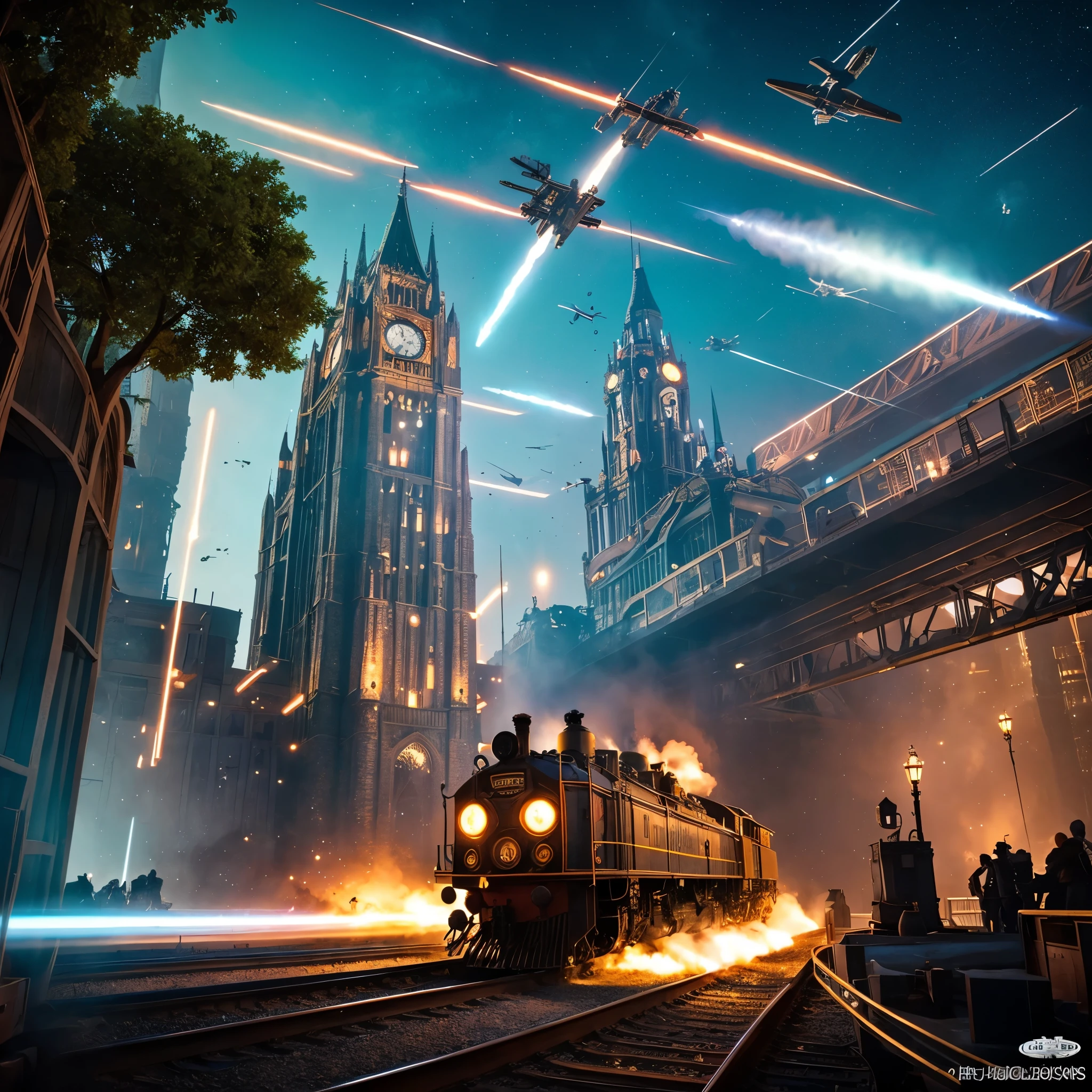 Create an image depicting the iconic locomotive from Back to the Future 4, transformed into a time machine by Dr. Brown, soaring through the skies in a breathtaking display of futuristic adventure. Capture the essence of excitement and wonder as this timeless vehicle takes flight into uncharted realms of time and space.