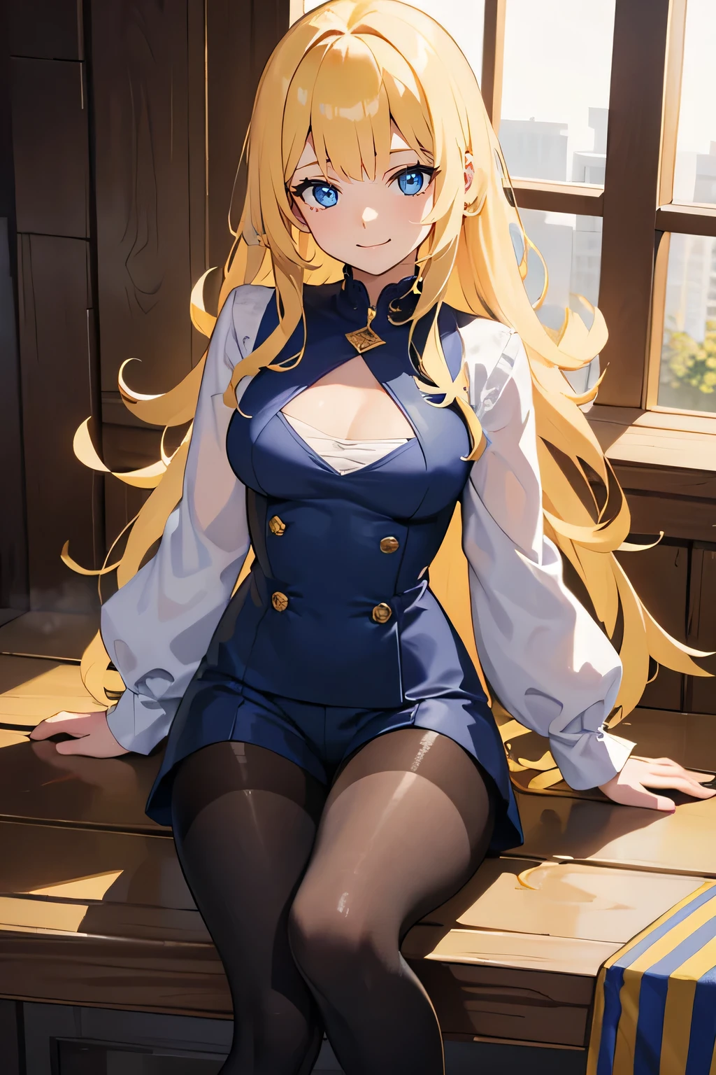 masterpiece,best quality, solo, 1 girl, female figure, yellow hair, hime cut, blunt bangs, extra long hair, crystal blue eyes, sharp detailed eyes, white pantyhose, long sleeves,  dark blue griffin style clothes, boy shorts, golden details , indoors, elegant, good details, golden blonde hair, smile, blue clothes, shorts, cowboy shot, sitting with legs up, voluminous hair, wavy hair, good lightning, black boots, cute girl, (medium small breasts), (young female body: 1.4)