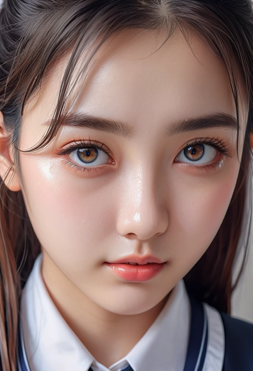 (hyperrealistic), (8K), (extremely detailed), (best illustration), (beautiful detailed eyes), (best quality), (ultra-detailed), (masterpiece), (wallpaper), (detailed face), solo, 1 girl, one-hour drawing challenge, wet sweat, (school uniform:1.3), looking at the audience, exquisite details, detailed faces, ,pureerosfaceace_ v1,