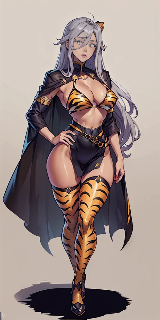 ((Masterpiece, plain background,1:2, masterpiece)) full body standing with two long yellow tiger print stockings, toned thighs, cleavage, separate yellow tiger print stockings thighs and sleeves, tiara royal, long cape up to two feet, yellow tiger bikini print, hands on waist, navel, (Vladilena Milize) (grey eyes:1.5), grey hair, hair between eyes, long hair