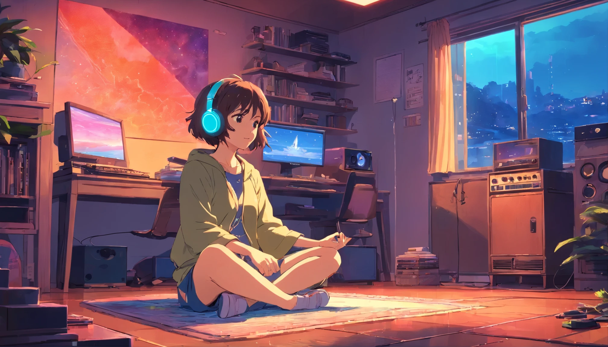 European hippie girl meditating in room, dreams, wearing headphones, night lighting, rainy day neon landscape, analog color theme, lo-fi hip hop , retrospective, flat, 2.5d , drawing lines, ink drawing, big slant, gouache colors, studio ghibli style, wonderful colorful outerton, krautrock, lofi art, 70's style, old textures, amplitude, psychedelic atmosphere, masterpiece, great technique