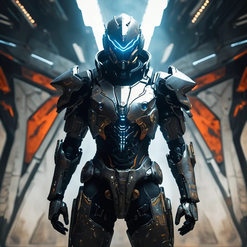 wearing a mechanical suit, Mechanical wonder, Cyberpunk, Cybernetic Guardian, futuristic armor, full body, front pose, symmetry, intricate (steel metal [rust]), joints, warframe style, cyborg, male body and armor, Chainsaw Man  