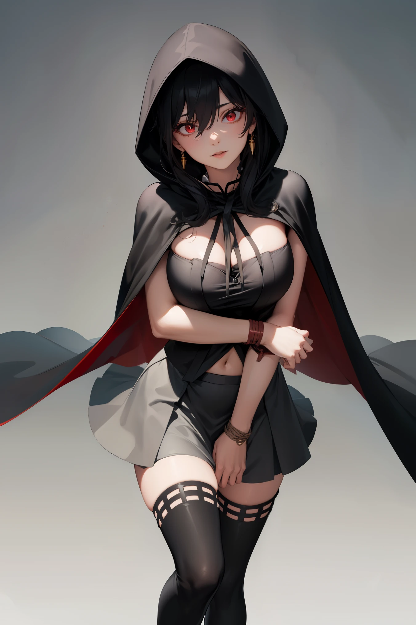 Ajof, side locks, golden hairband, hair adornments, ((Red eyes:1.5)), gold earring, Large breasts,((black hair:1.5)),
BREAK ((black cape, black footwear, black ribbon, black shirt, black thighhighs, cape, grey skirt, hood:1.5)),
BREAK bdsm, (bondage:1.2), (bound_legs:1.2), interracial, navel, arms behind,
BREAK (masterpiece:1.2), best quality, high resolution, unity 8k wallpaper, (illustration:0.8), (beautiful detailed eyes:1.6), extremely detailed face, perfect lighting, extremely detailed CG, (perfect hands, perfect anatomy),