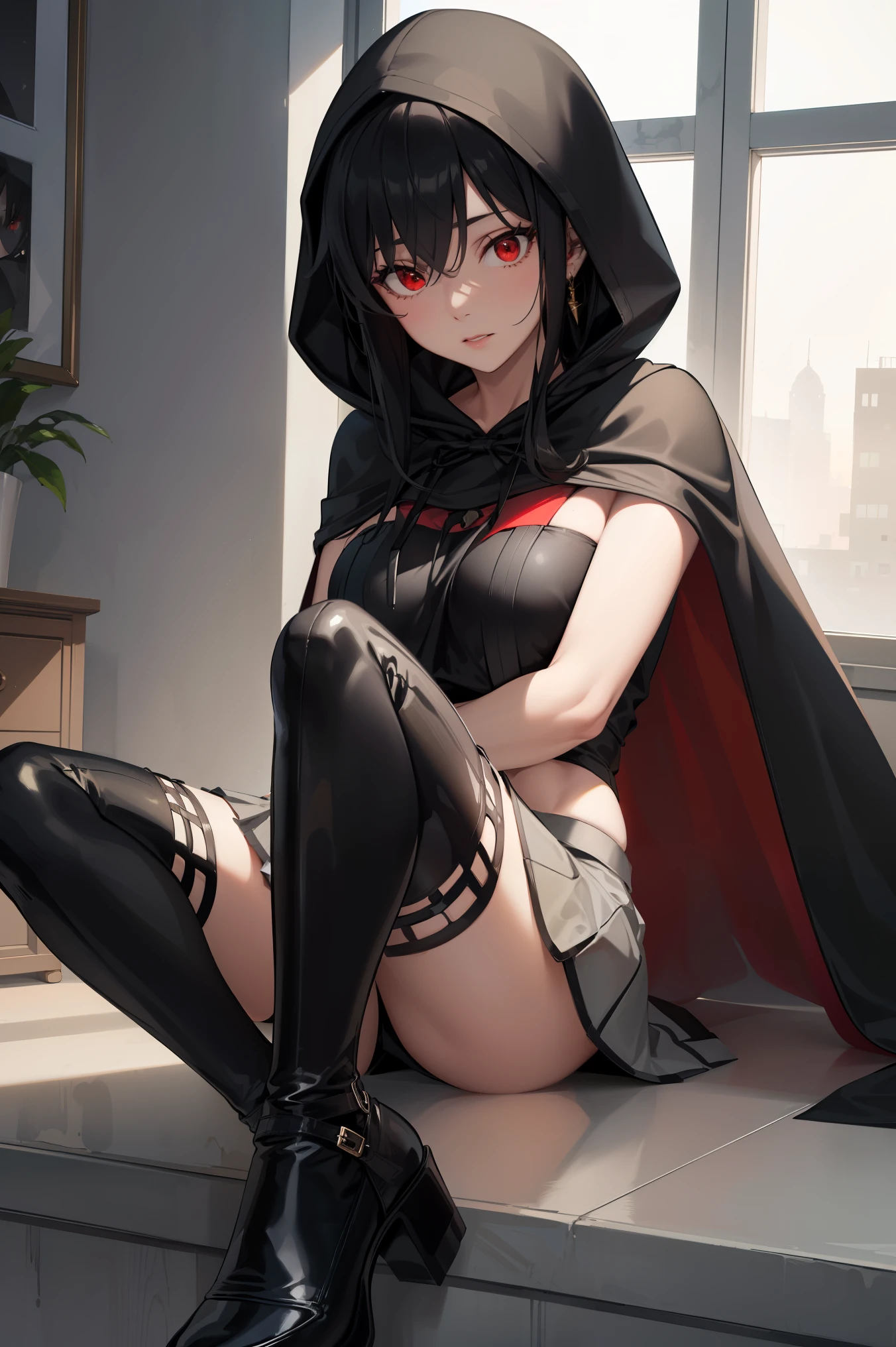 Ajof, side locks, golden hairband, hair adornments, ((Red eyes:1.5)), gold earring, Large breasts,((black hair:1.5)),
BREAK ((black cape, black footwear, black ribbon, black shirt, black thighhighs, cape, grey skirt, hood:1.5)),
BREAK bdsm, (bondage:1.2), (bound_legs:1.2), interracial, navel, arms behind,
BREAK (masterpiece:1.2), best quality, high resolution, unity 8k wallpaper, (illustration:0.8), (beautiful detailed eyes:1.6), extremely detailed face, perfect lighting, extremely detailed CG, (perfect hands, perfect anatomy),