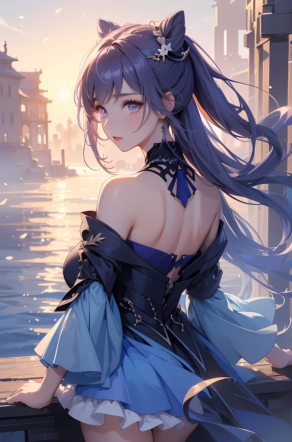 [keqingopulent]:1.5,((masterpiece,highest quality,Highly detailed images,Beautiful images))1.4(keqing images、Cities with waterways、Beautiful waterways、The wind is blowing、Overall dim lighting、Backlight、A fantastic atmosphere、Thick Fog、Dust flutters)1.3,(Close-up)1.1
