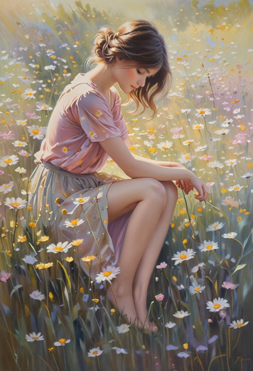 Capture the essence of pure serenity and natural beauty in an awe-inspiring oil painting that transports viewers into a dreamlike world where a girl finds solace amidst a sea of Paper Daisies. Imagine a tranquil meadow bathed in the soft glow of the setting sun, where the vibrant hues of yellow, orange, and pink Paper Daisies stretch as far as the eye can see. Nestled among the blossoms lies a young girl, her figure draped in billowing fabric that mirrors the delicate petals of the flowers. With a sense of peaceful abandon, the girl reclines gracefully among the daisies, her eyes closed in quiet contemplation. The warm golden light of the sun caresses her skin, casting a gentle radiance that illuminates her features and lends an ethereal quality to the scene. The oil painting captures the intricate details of each individual Paper Daisy, from the delicate papery petals to the subtle variations in color and texture. Layers of thick, luscious oil paint are applied with masterful brushstrokes, creating depth and dimension that bring the flowers to life on the canvas. In the distance, rolling hills rise and fall like waves on the horizon, their verdant slopes dotted with patches of wildflowers that dance in the breeze. A soft breeze rustles through the meadow, carrying with it the sweet scent of the daisies and the soft murmur of distant birdsong. As the viewer gazes upon the painting, they are drawn into a state of tranquil reverie, enveloped by the beauty and tranquility of the natural world. "Golden Reverie" is not merely a painting—it is a sanctuary of peace and beauty, a refuge from the chaos of the world, and a reminder of the simple joys that lie in the embrace of nature.