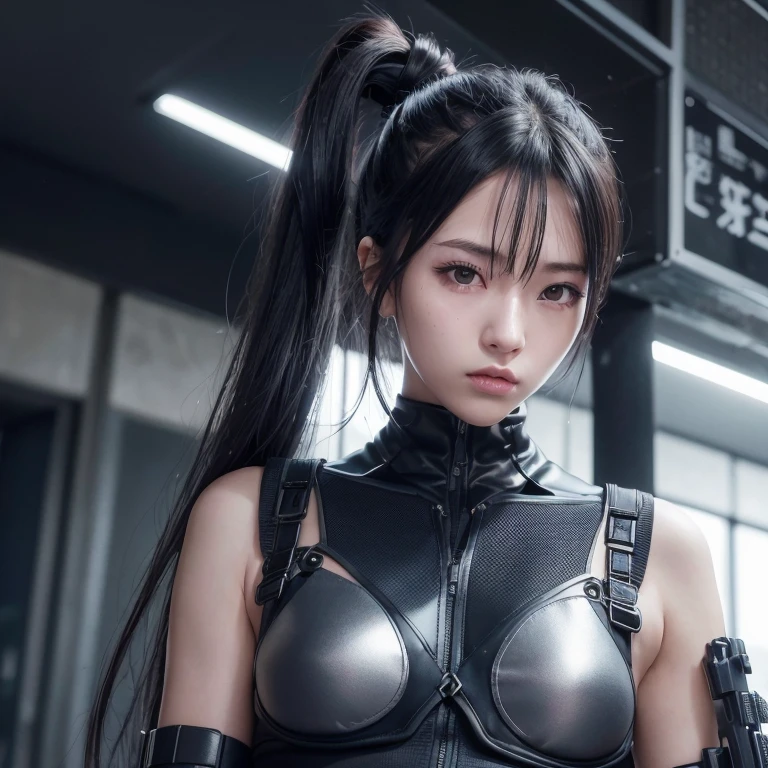 Cyberpunk Girl, Digital Cyberpunk Art, (Digital Cyberpunk Art), Ultra high definition、masterpiece、correct、Anatomically correct、Textured skin、Very detailed、High detail、high quality、最high quality、High resolution、8k、Raw photo、whole body、Beautiful Teenage Woman、One Japanese woman、Big beautiful eyeedium chest、Black hair ponytail、((Navy blue cyberpunk ninja outfit))、In a dark forest、((Cyberpunk Ninja))、((Cyberpunk silver gauntlets))、((Shinobi Katana))