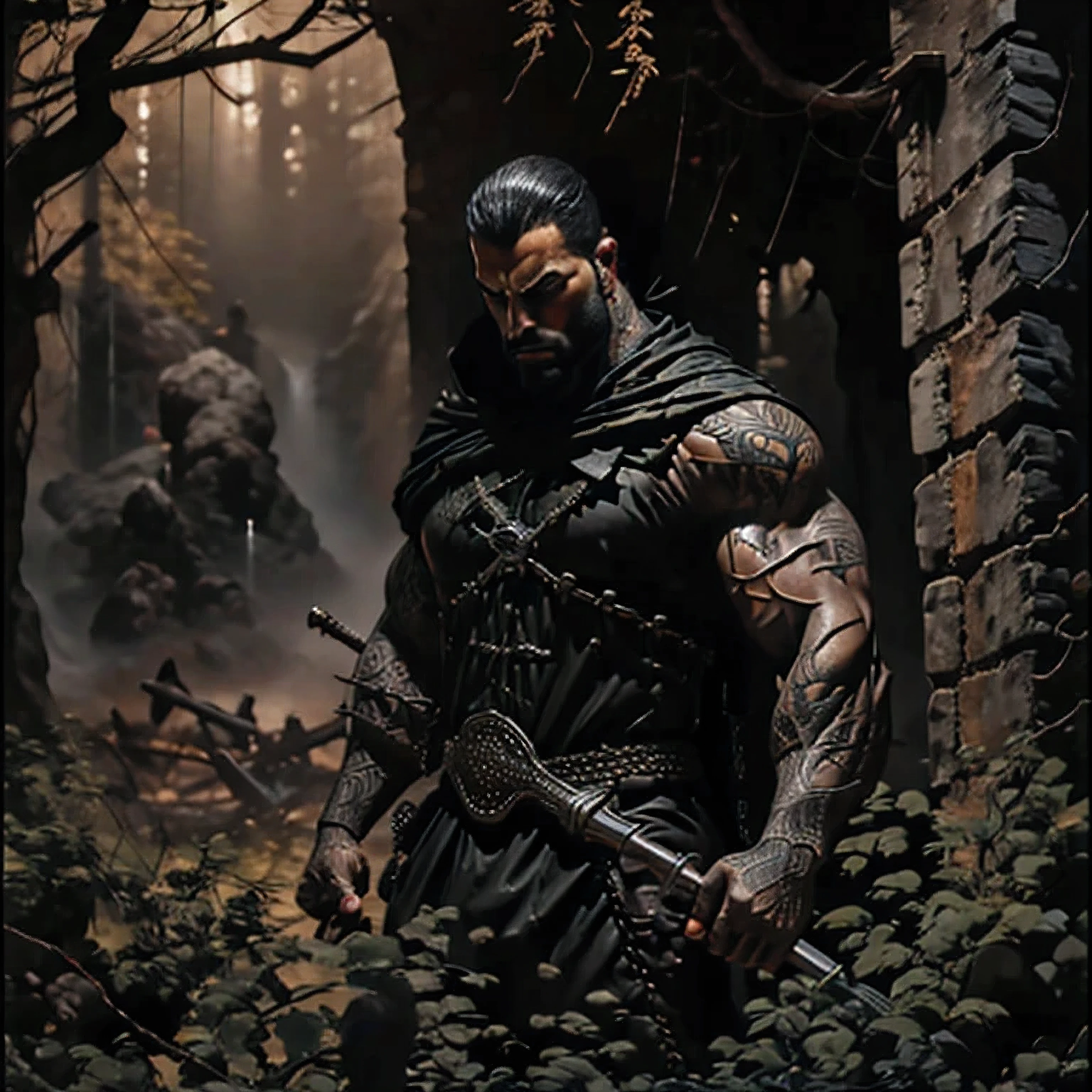 Guerreiro da noite em cores de cabelo preto e branco, usa brinco de cruz, corrente de cruz, muscular man with tattoos and a big scythe in his hand