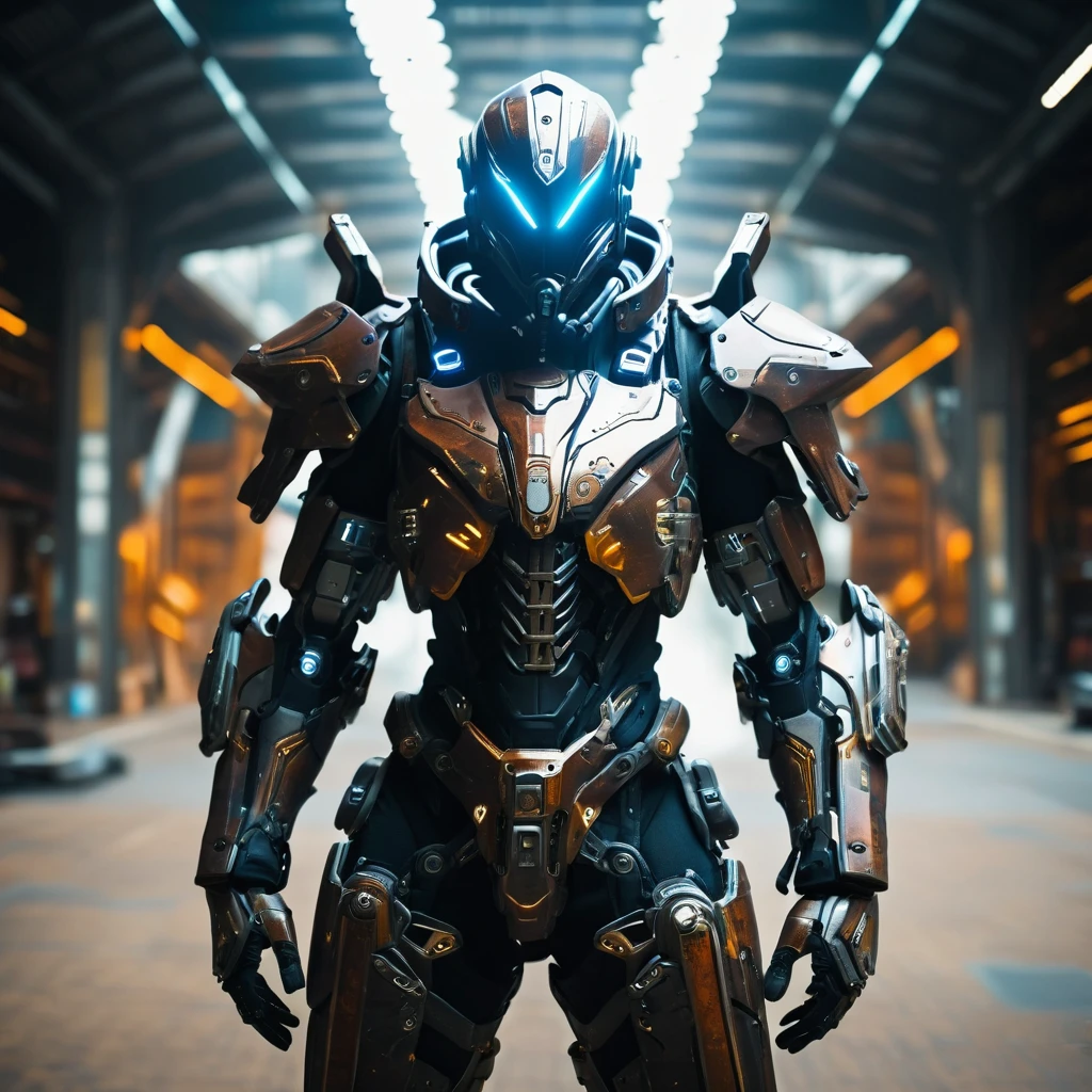 wearing a mechanical suit, Mechanical wonder, Cyberpunk, Cybernetic Guardian, futuristic armor, full body, front pose, symmetry, intricate (steel metal [rust]), joints, warframe style, cyborg, male body and armor, Chainsaw Man  