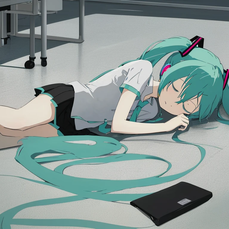 Hatsune Miku sleeping on the office floor