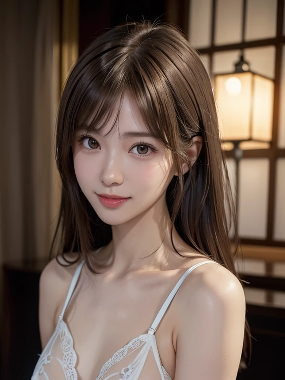 1 Japanese girl,(White see-through lingerie:1.4), (RAW Photos, highest quality), (Realistic, Photorealistic:1.4), Tabletop, Very delicate and beautiful, Very detailed, 8k wallpaper, wonderful, In detail, Very detailedなCG Unity, High resolution, Soft Light, Beautifully detailed 19 year old girl, Very detailedな目と顔, Beautifully detailed nose, Beautiful fine details,Cinema Lighting,City lights at night,Perfect Anatomy,Slender body,smile (My hair is messy, Asymmetrical bangs, Light brown hair,)