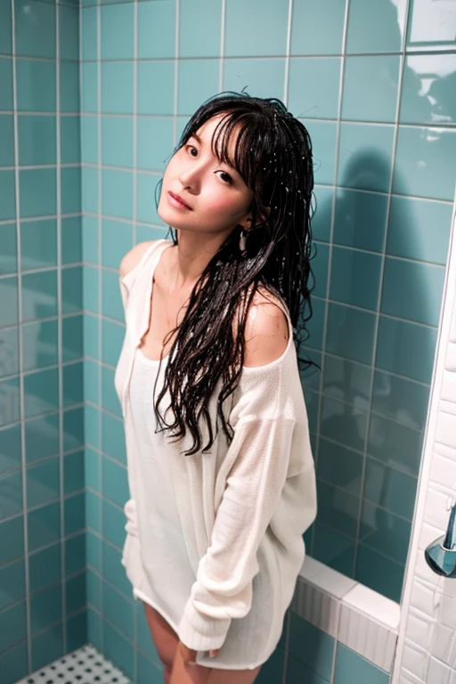 With clothes on、Wet in a shower、40-year-old woman