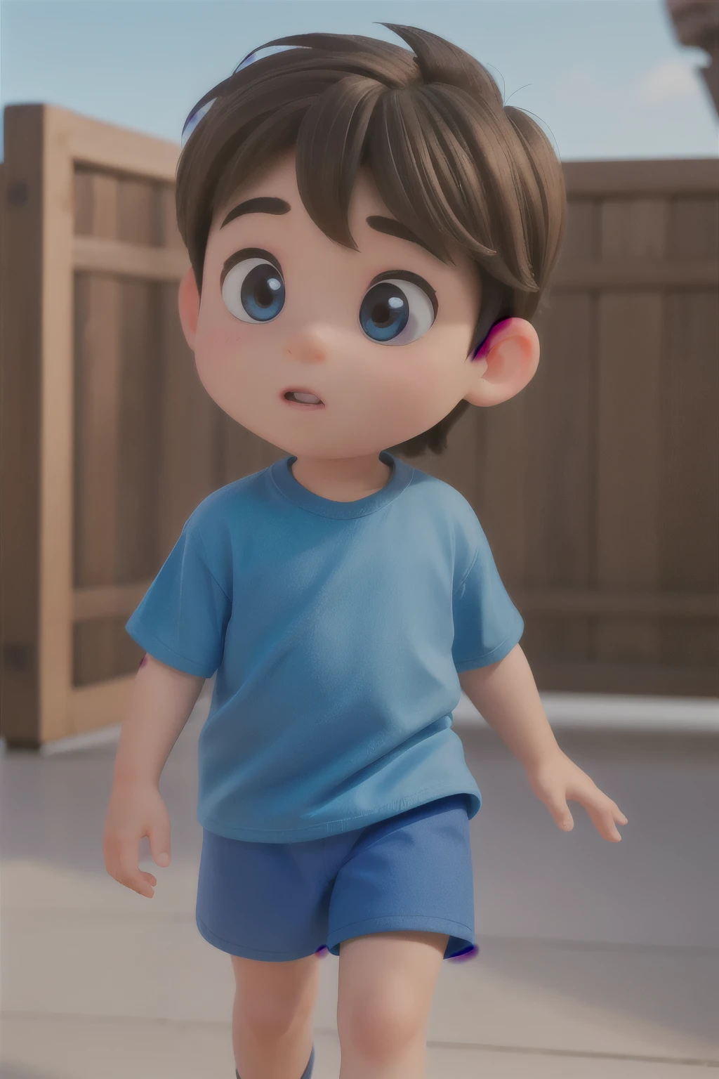 A 5 year old baby boy, wearing blue apparel, with brown hair and brown eyes.Disney Pixar Cartoon Type A