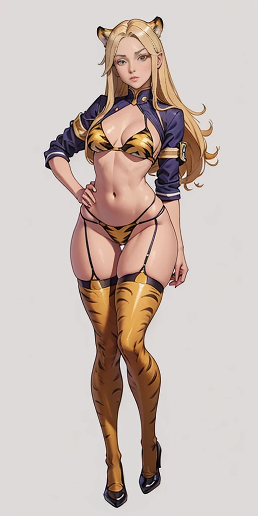 ((Masterpiece, plain background,1:2, masterpiece)) full body standing yellow tiger print stockings, separate yellow tiger print stockings thighs and sleeves, yellow tiger bikini print, hands on waist, navel, (Vladilena Milize)