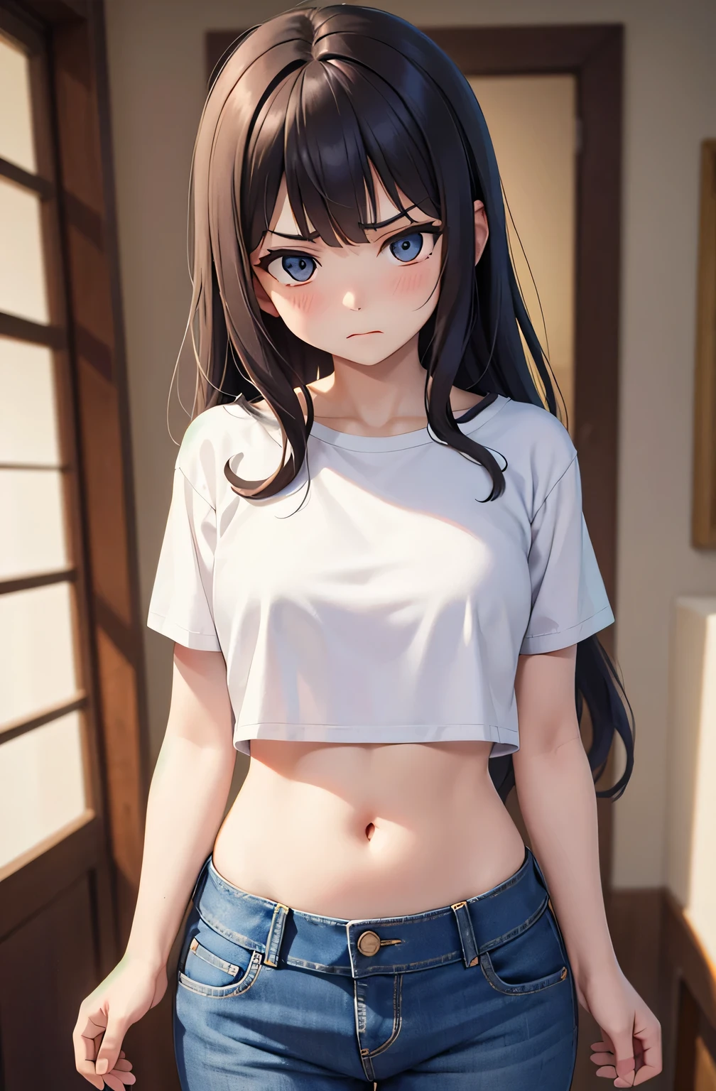 super fine illustration, vibrant colors, masterpiece, sharp focus, best quality, depth of field, cinematic lighting, ultra detailed, short sleeves, t shirt, denim skirt, belly button, midriff, wide hips, 1 woman, home, solo, milf, long curly hair, slender, blush, annoyed, casual, mature female, tall woman, small breasts, looking downward