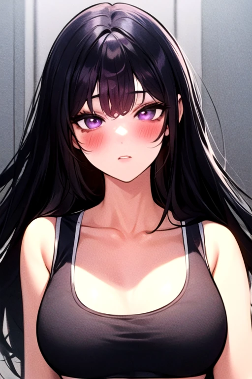 masterpiece, best quality, manhwa-artstyle, 1girl, solo, long hair, looking at viewer, blush, bangs, black hair, sports bra, purple eyes, upper body, 