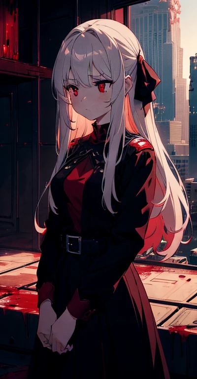 1 girl, (red lighting) ,cinematic angle, (from above:0.7) , (standing on sky-high), looking down , (destroyed skyscrapers), (devastated world), ( destroyed civilization),(blood sea), (rape face) ,black long straight hair, hair ribbon , red eyes,black dress, glowing eyes,((masterpiece)), ((best quality)), ((ultra-detailed)), (illustration), ((an extremely delicate and beautiful))