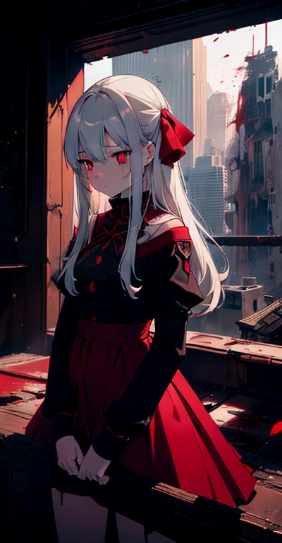 1  girl, (red lighting) ,cinematic angle, (from above:0.7) , (standing on sky-high), looking down , (destroyed skyscrapers), (devastated world),  ( destroyed civilization),(blood sea), (rape face) ,black long straight hair, hair ribbon , red eyes,black dress, glowing eyes,((masterpiece)), ((best quality)), ((ultra-detailed)), (illustration), ((an extremely delicate and beautiful))