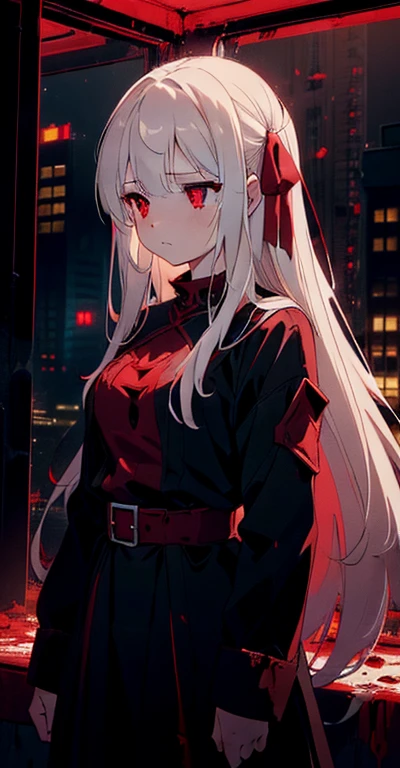 1 girl, (red lighting) ,cinematic angle, (from above:0.7) , (standing on sky-high), looking down , (destroyed skyscrapers), (devastated world), ( destroyed civilization),(blood sea), (rape face) ,black long straight hair, hair ribbon , red eyes,black dress, glowing eyes,((masterpiece)), ((best quality)), ((ultra-detailed)), (illustration), ((an extremely delicate and beautiful))