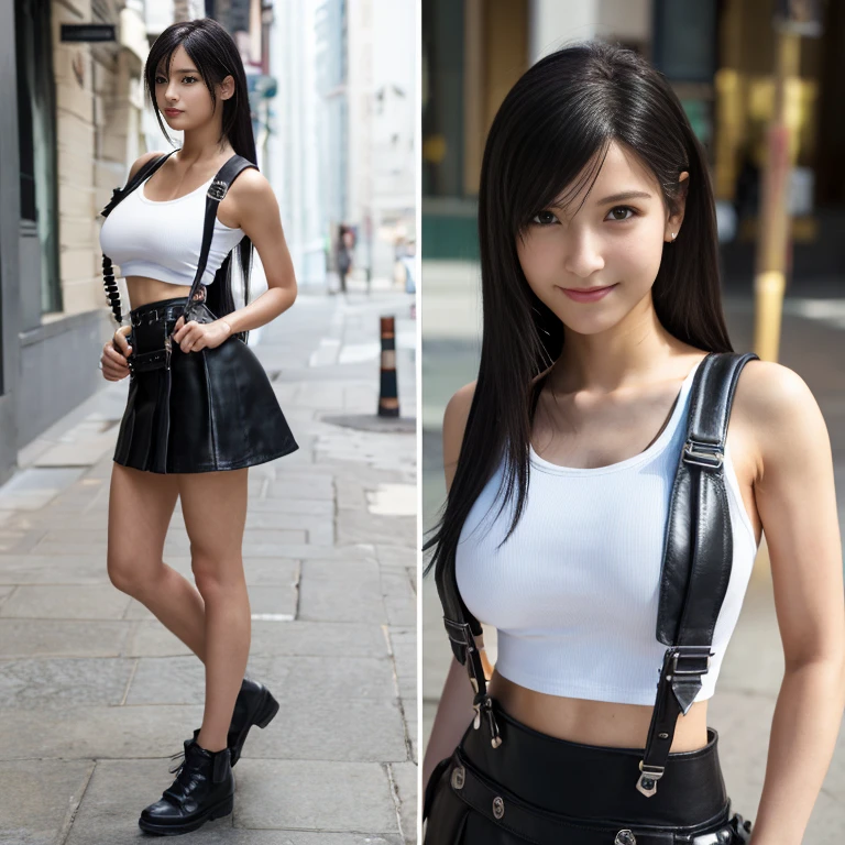 Real Photo、18-year-old female,(Final Fantasy Remake　Tifa Lockhart)、 Natural skin texture, Realistic eye and facial details, Anatomically correct、Detailed face, Cinema Lighting, (8k, RAW Photos, Professional, highest quality, Tabletop:1.2), (Realistic, Realistic:1.3), Soft Light、Slum street、Long-haired、Cute smile、(Big ample breasts:1.5)、Small waist、Whole Body Ezbian、White tank top、Black suspenders、black leather mini skirt、Tie your hair up、Model pose、