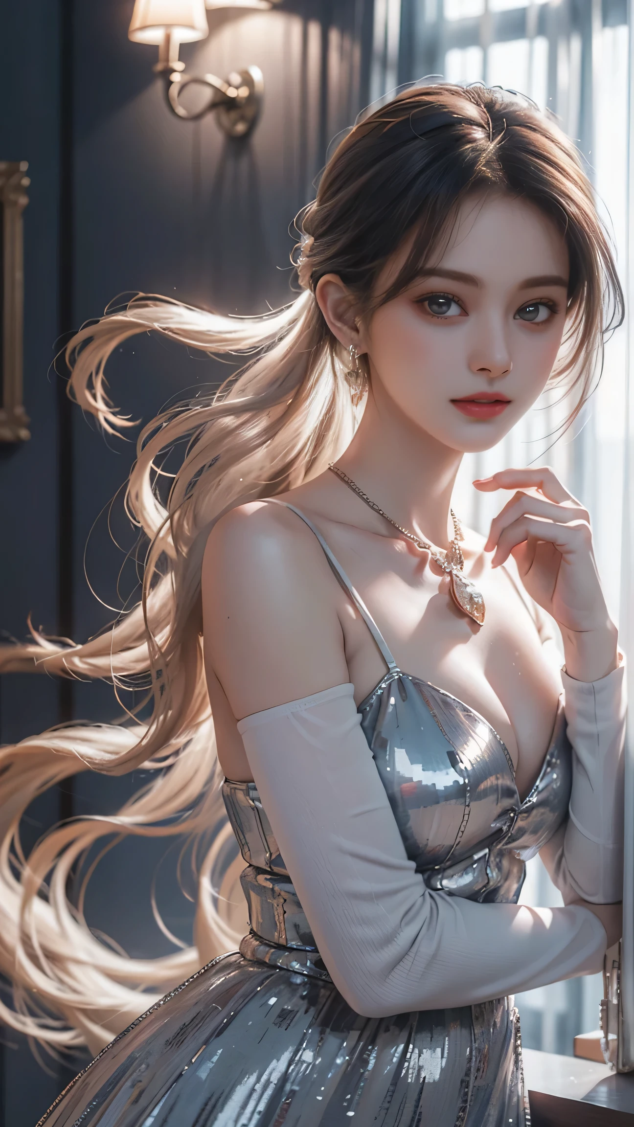 High-quality work，Realistic works，Super premium graphics，8K HD CG works，high quality graphics，High-definition and exquisite CG works，10x pixels，Ultra-fine details：1.1，Advanced technical details：1.1Realistic photo effects，Interior lighting effects：1.5，natural soft light：1.5. Light effect（Virtual light effects：1.8），Ultra-high resolution，shiny blue dress，sliver long hair，silber hair，transparenthair，high detailed hair（Quality hair details：1.1）Clear  eyes，Double eyelids look good，Sharp eye makeup, Create exquisite eyelash makeup, tthin eyebrows, Ultra-detailed eyes，a tall nose, lovely red lips, rosey cheeks, With delicate makeup on her face , pretty  face, The face shape is perfectly proportioned,（Advanced  details：1.1）Shiny blue luxury dresselue sequined dress collection，Sequin coat，Shiny，Tight long skirt，Summer sexy hip wrapped fishtail sleeveless commuter maxi，Horse socks 100%Oily Panst Glossy Silk Gloss 8D Black Silk Women，Beautiful long dress with stiletto heels，Wonderful red series，High fashion dress collection，Dress photography，Authentic dress work，inside a ballroom，Women's artwork，Dress full body video，Reality，Amazing Cleavage，My eyes are very bright today