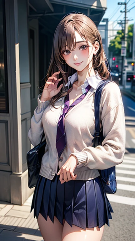 (masterpiece:1.2, top-quality), (realistic, photorealistic:1.4), beautiful illustration, (natural side lighting, movie lighting), 
looking at viewer, cowboy shot, front view:0.6, 1 girl, japanese, high school girl, perfect face, cute and symmetrical face, shiny skin, 
(long hair:1.4, half updo:1.5, light brown hair), hair between eye, dark brown eyes, long eye lasher, (large breasts:0.6, seductive thighs), 
beautiful hair, beautiful face, beautiful detailed eyes, beautiful clavicle, beautiful body, beautiful chest, beautiful thigh, beautiful legs, beautiful fingers, 
((long sleeve white collared shirts, navy pleated miniskirt, navy tie, white cardigan)), pink panties, school bag, 
(beautiful scenery), evening, riverside, walking, (lovely smile, upper eyes), 