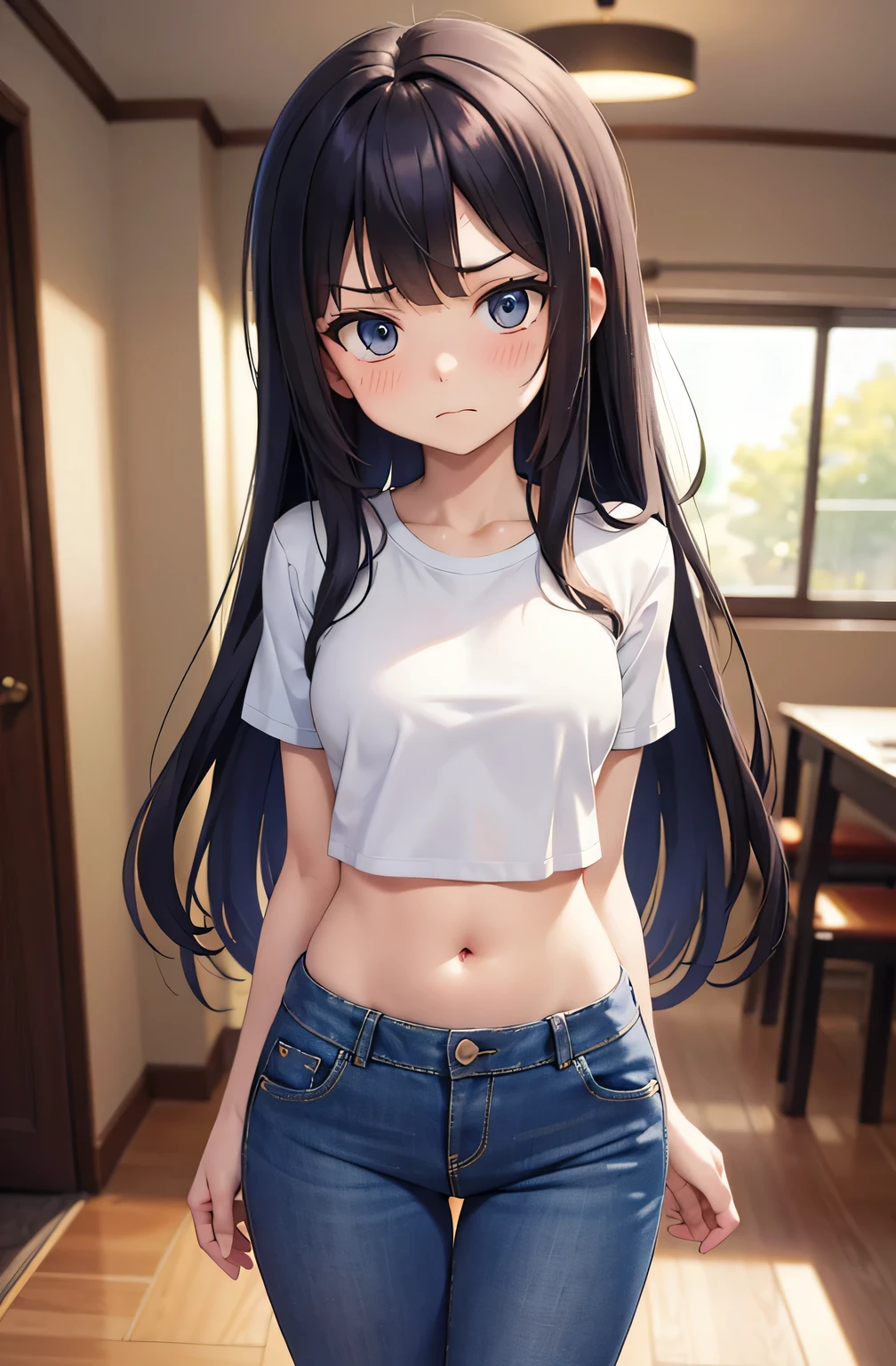 super fine illustration, vibrant colors, masterpiece, sharp focus, best quality, depth of field, cinematic lighting, ultra detailed, short sleeves, t shirt, denim skirt, belly button, midriff, wide hips, 1 woman, home, solo, milf, long curly hair, slender, blush, annoyed, casual, mature female, tall body, small breasts, looking downward