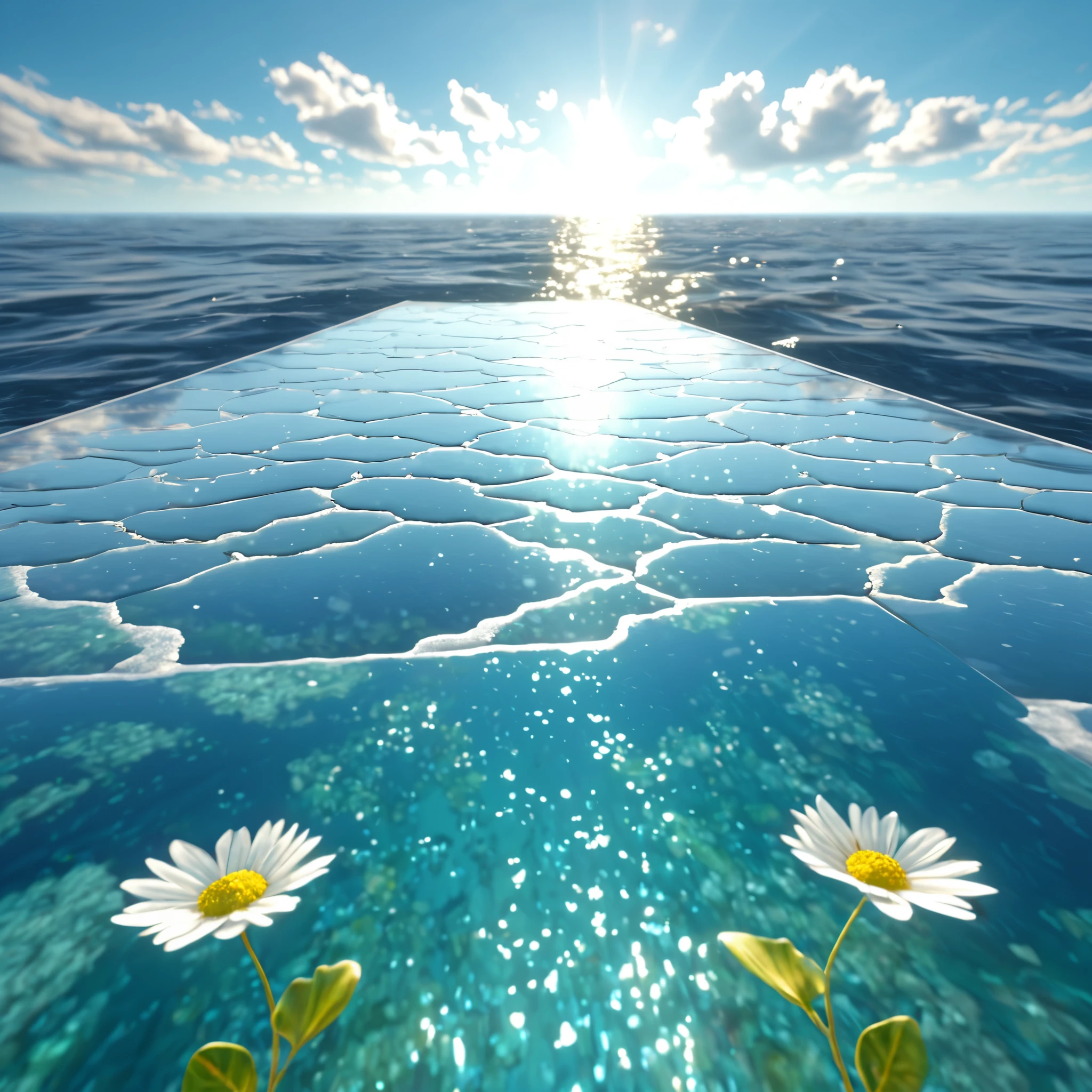 A wide transparent glass road over the sea, with realistic sea, with realistic water appearance, sunlight giving reflection on the wide glass road, realistic clouds, rough sea, solar tone in the clouds.glow, drop shadow, flower, UHD, masterpiece, accurate, anatomically correct, textured skin, super detail, high quality, best quality, 8k, high resolution, bokeh effect.
