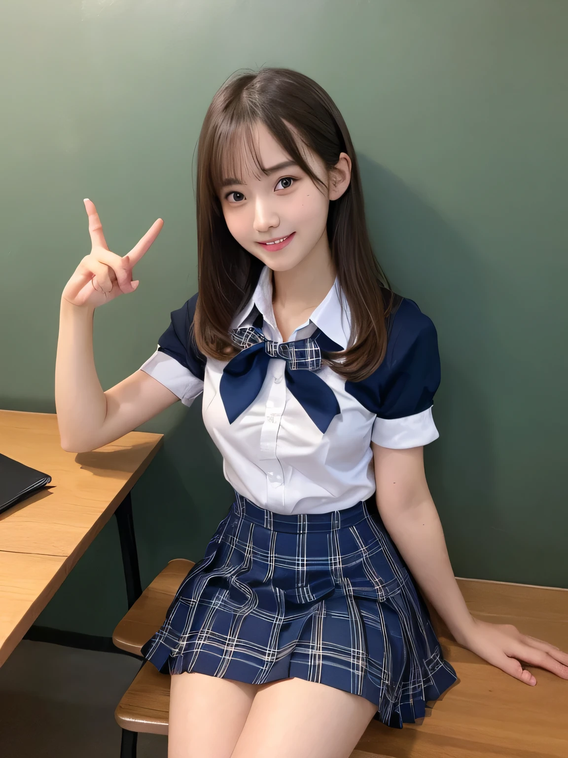 highest quality、Blonde、figure、 Blonde、Cleavage、Ultra-detailed、High resolution、8k wallpaper、Perfect dynamic composition,、Beautiful fine details、Natural color lip、Bold sexy pose、smile、16-year-old girl、cute、sexy shot looking at camera、(highest quality: 1.3), (masterpiece: 1.3), (Super Detail: 1.3), (One Girl: 1.1), (Detailed hands and fingers:1.2)、(Ultra-oily, lustrous skin with attention to detail:1.1)、Oily shiny knee socks、(The perfect school girl uniform:1.3)、Short sleeve dress shirt、(Beautiful shapely small breasts:1.3)、(Dark blue plaid mini skirt:1.2)、Sitting in a chair、I can see your thighs、Brown Hair、short hair、Twin tails、Beautiful sister、Pink wall