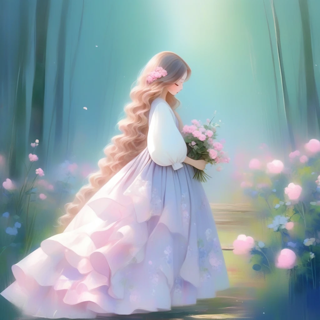 One girl, alone,white、pink、 length_hair, length_sleeve, dress, Holding, Are standing, Closed_eye, flower, Artist_name, signature, from_~ side, English_article, wood, profile, animal, watermark, Wavy_hair, flower柄_printing,  plant, , nature, web_address, forest, curly_hair, パステルカラーdress, ブドウのwood