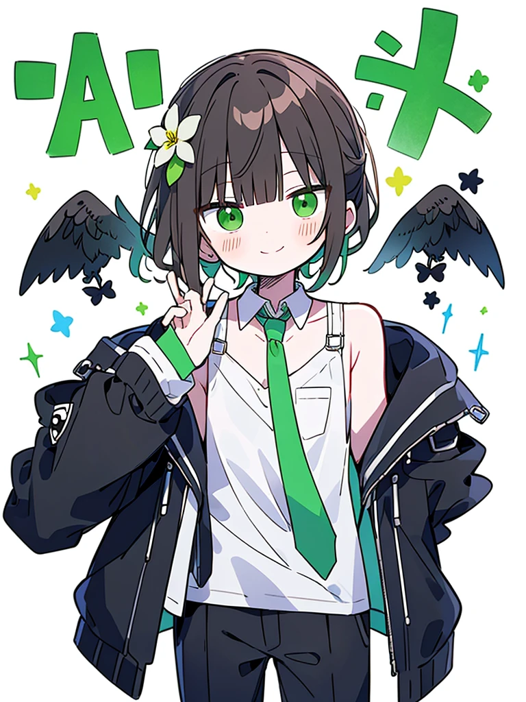 a , brown ponytail, white skin, short man, green eyes, masterpiece, punk jacket, white shirt, green tie, open shoulders, Open sleeve, light smile, flower, quiet, restrained, (concept art)