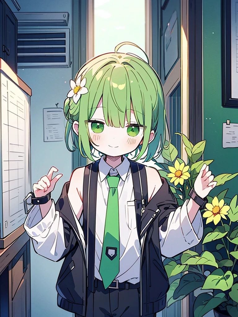 a , brown ponytail, white skin, short man, green eyes, masterpiece, punk jacket, white shirt, green tie, open shoulders, Open sleeve, light smile, flower, quiet, restrained, (concept art)