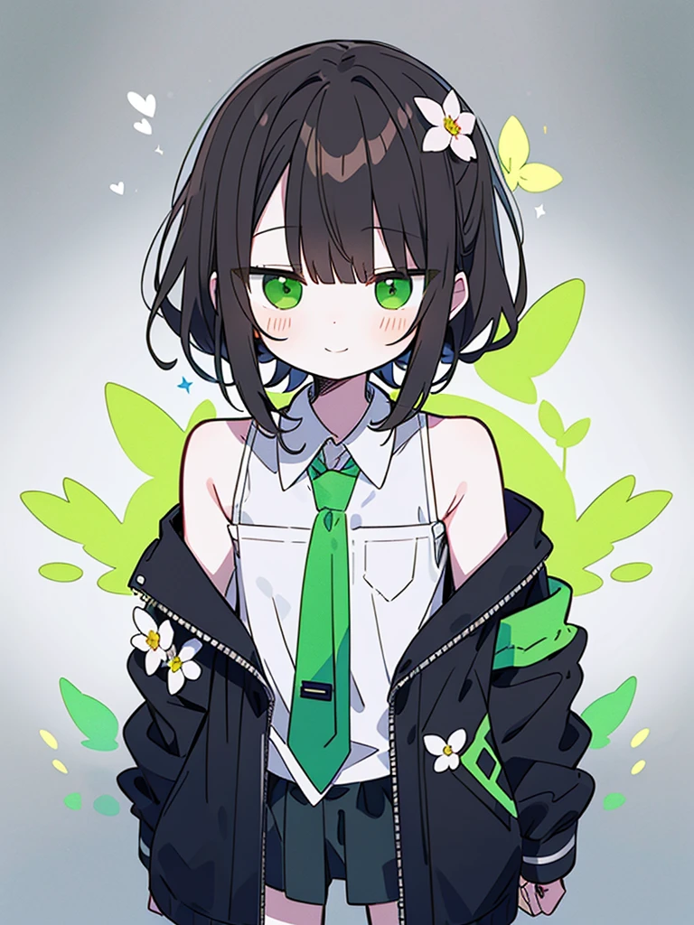 a , brown ponytail, white skin, short man, green eyes, masterpiece, punk jacket, white shirt, green tie, open shoulders, Open sleeve, light smile, flower, quiet, restrained, (concept art)