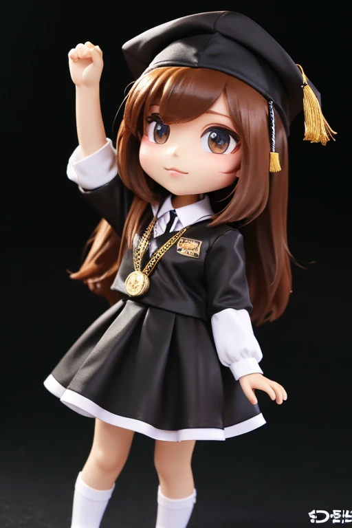 I need a college girl in brown long hair wearing a black graduation dress and a white cap for their graduation day with a medal and holding a diploma make it in a 3D/cartoon or chibi anime black background